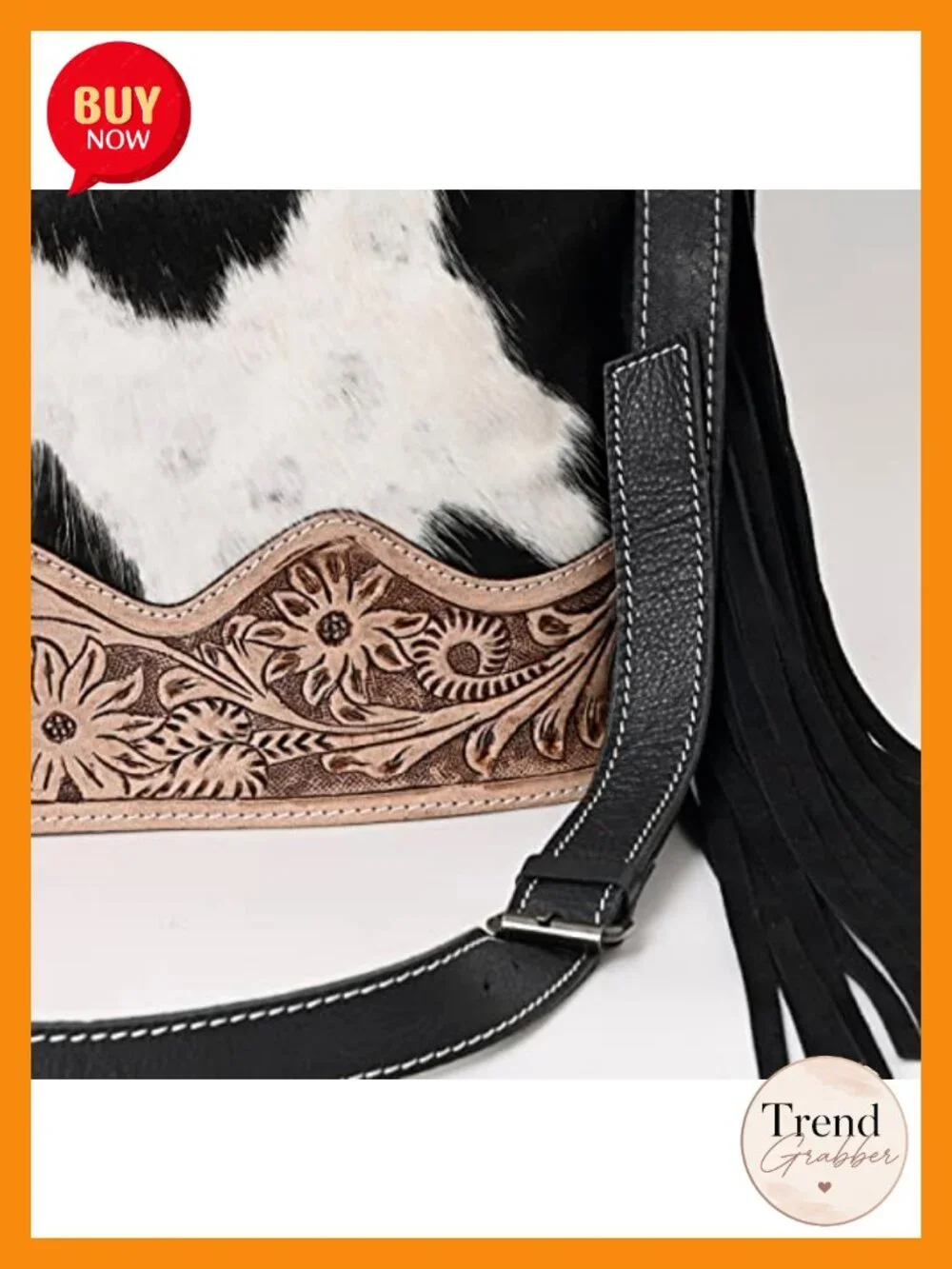Genuine Cowhide Leather Crossbody Bag Hand-Tooled Floral Fringe Shoulder Purse